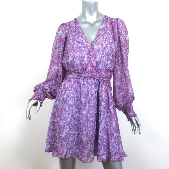 AMUR Dresses & Skirts - AMUR Twist-Front Dress Purple/Blue Printed Silk Chiffon Size 6 Long Sleeve Mini